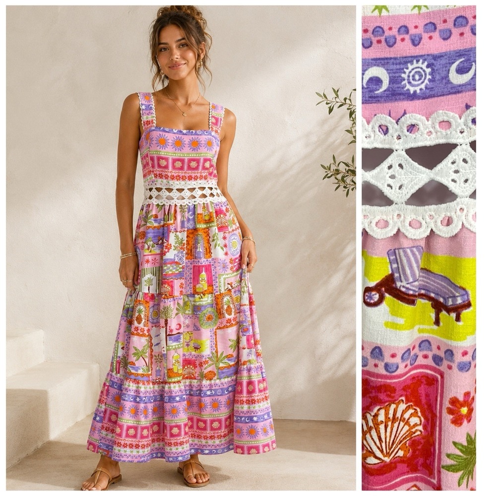 Women Patchwork Maxi Dress M Tiered Pink Crochet Cutout Cottagecore Coastal Boho